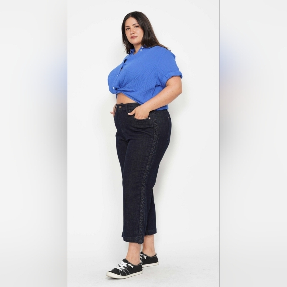 Judy Blue HR Dark Wash Wide Leg Cropped Jeans Braided Side Seams Various NEW - Picture 10 of 16